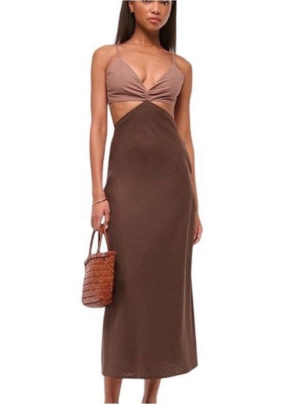 Abercrombie & Fitch Rust Brown Cutout Midi Dress linen and cotton blend